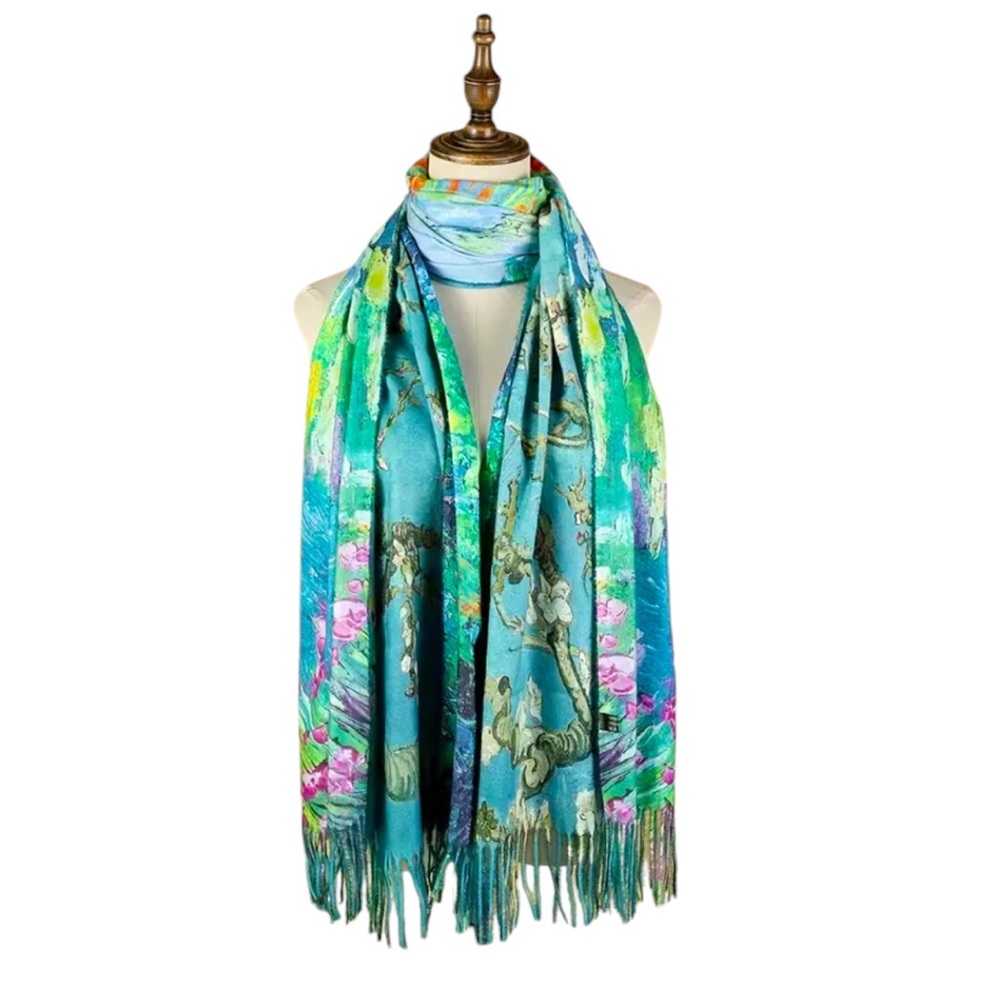 Van Gogh Apricot Blossom Trees Double Sided Scarf with Fringe, Faux Cashmere